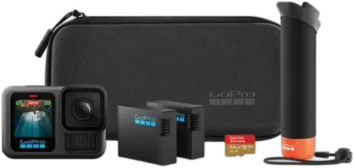 GoPro HERO13 Black Bundle - Kit with Action Camera Waterproof 10m, 5.3K60, HLG HDR, 27MP, HyperSmooth 6.0, GPS, Wi-Fi 6 and Extra Accessories The Handler, Enduro Battery, 64GB Card and a Case