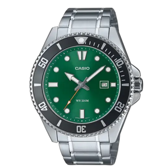 Casio Men's Duro MDV-107D-3A2VDF Watch *200m Silver Strap Black Bezel Green Dial