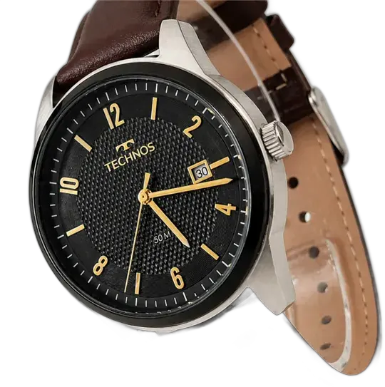 Technos Steel Men's Watch Genuine Leather Silver Black