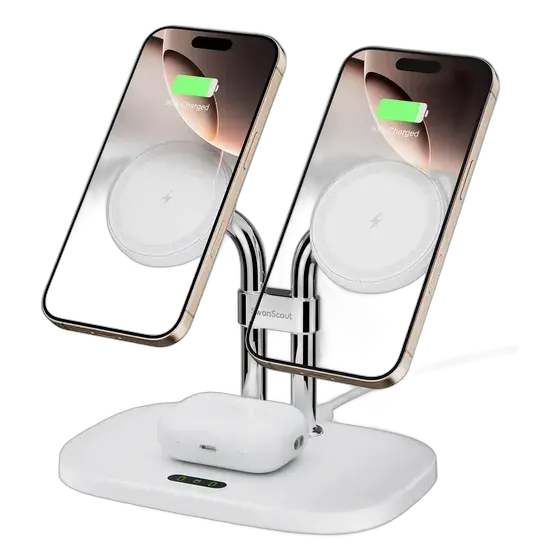 SwanScout 706M - Carregador Sem Fio Magnético Dual MagSafe para Apple, Compatível com iPhone Série 17/16/15/14/13/12 e AirPods Pro 4/Pro 3/Pro 2/3/2
